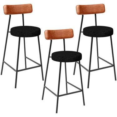 Imagem de Kit 03 Banquetas Baixa Cozinha Sala Jantar Bancada Milão L02 Couríssimo Camel Linho Chumbo- Lyam Decor