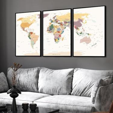 Imagem de Quadro Decorativo Mapa mundi Colorido Luxo Moderno Sala Quarto escritorio Com Moldura (Madeira, 40x60)