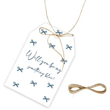 Imagem de 50 etiquetas Will You Be My Something Blue Thank You, Something Blue Gift Tag com cordão para chá de panela, etiquetas de papel de agradecimento com laço para lembrancinhas de festa de casamento