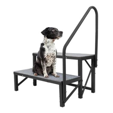 Imagem de WUTIST Escadas para trailers, 2 degraus com corrimão, banheira de hidromassagem, escadas externas com tapetes, degraus portáteis para trailers de viagem, reboques de viagem de aço, revestimento em pó