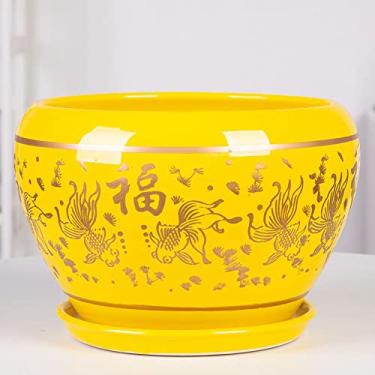 Imagem de uhyOHF Vaso redondo de cerâmica esmaltada amarela para plantas de interior Bonsai Vaso decorativo moderno com orifícios de drenagem, vaso de flores esmaltado estilo chinês (amarelo-18 cm