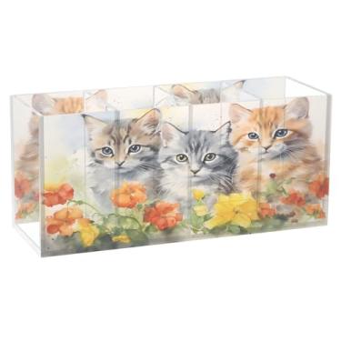 Imagem de CEBUGI Porta-canetas de acrílico com 4 compartimentos, organizador de lápis transparente, três gatinhos, suporte de pincéis de maquiagem para escritório em casa, escritório