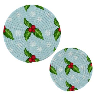 Imagem de Wassud Conjunto de folhas de azevinho (2) para pratos quentes, suportes de panela redondos, almofadas quentes de algodão, porta-copos elegantes, decoração de cozinha e acessórios, 2 peças