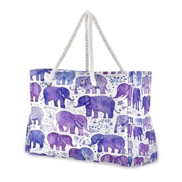 Imagem de Wassud Bolsa de praia com elefantes violeta, grande, para mulheres, impermeável, à prova de areia, bolsa de viagem com zíper e bolso para piscina, academia, acampamento