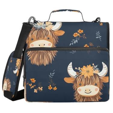 Imagem de Fichário bonito com zíper de vaca Highland com alça e alça de ombro, fichários de 3 anéis de 3 cm