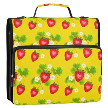 Imagem de Coikll Pasta expansível de morangos com formato de coração, fichário com zíper, anéis D, organizador de fichário com alça de ombro e alça para facilitar o transporte