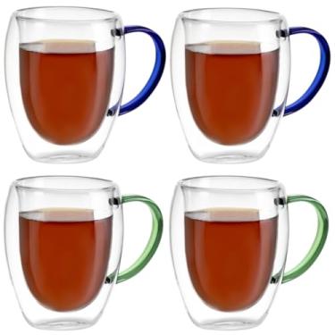 Imagem de Kit Conjunto 4 Xícaras de Vidro Borossilicato Parede Dupla 350ml Transparente com Alça Colorida - 2 Azul e 2 Verde