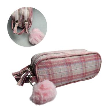 Imagem de Estojo Necessaire Duplo Xadrez Rosa com Pompom Escolar Maquiagem Aula Zíper Lápis Caneta Grande