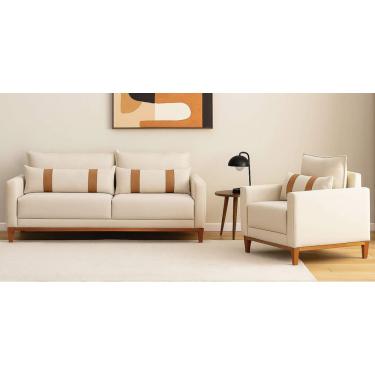 Imagem de Sofá e Poltrona Conjunto Luxo Madri Base Madeira Detalhes em Courino nas Almofadas Decorativas