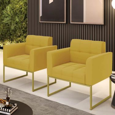 Imagem de Poltrona Sala Decorativa Kit 2 Elisa Base Industrial Dourada Veludo Mostarda D03 - D'Rossi