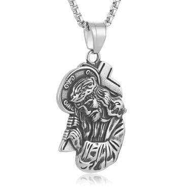 Imagem de HZMAN Colar com pingente de Jesus de aço inoxidável, joia religiosa católica, corrente ajustável de 55 cm para homens e mulheres, presente inspirador para batismo de Natal, Aço inoxidável, Sem Pedra