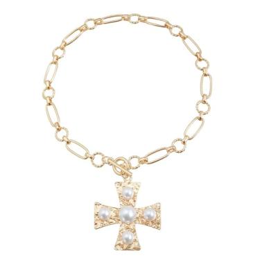 Imagem de Colar com pingente de corrente de pérolas em camadas de cristal delicado grande CZ cruz pérola Y colar prata strass branco grosso colar feminino punk com contas falsas colar gargantilha colar