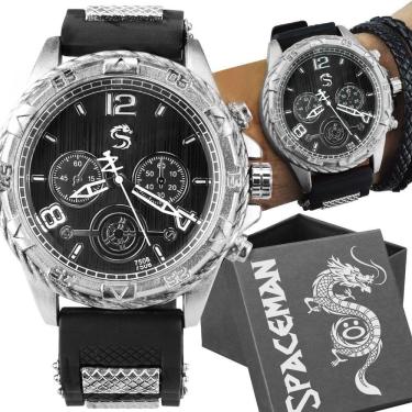 Imagem de Relogio Masculino Grande Aço Inox Prata Original + Caixa Casual Pesado Preto Qualidade