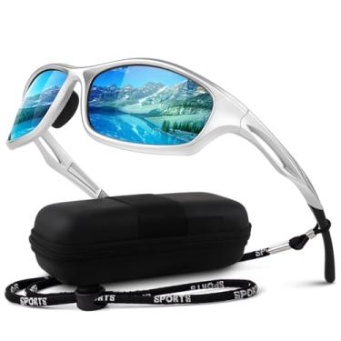Imagem de LINVO Óculos de sol esportivos polarizados masculinos e femininos com proteção UV400 para corrida, ciclismo, condução e pesca, Armação prateada | Lente azul, Medium
