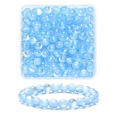 Imagem de 100 peças de contas de olho de gato lisas naturais azuis acinzentadas de 8 mm, contas redondas soltas de pedra preciosa para fabricação de joias com cordão elástico de cristal (cor 20)