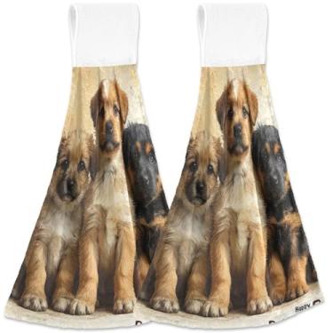 Imagem de TSENQUE Toalhas de mão de cozinha personalizadas com laço para pendurar, filhotes fofos, cachorros, toalhas de gravata de banheiro, conjunto de 2 decorações de cozinha fofas e absorventes de desenhos