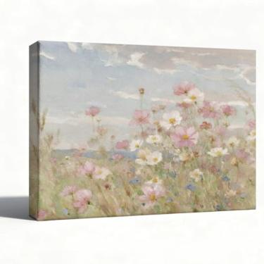 Imagem de Arte de parede de campo de flores silvestres, impressão de pintura a óleo de flores pastéis de prado, arte em tela de paisagem campestre para decoração de parede de quarto de quarto ou sala de estar