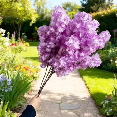 Imagem de KILELI 5 peças de flores de cerejeira artificiais de primavera, ramos de flor de cerejeira de seda 95 cm, buquê de caule longo, vasos de flores a granel, arranjos para decoração de casa de casamento