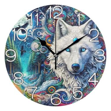 Imagem de GAIGEO Relógio de parede analógico decorativo divertido alimentado por bateria relógio de cozinha fofo, decoração de parede de sala de estar moderna, desenho animado lobo floresta colorida, 25 cm