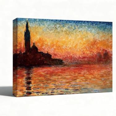 Imagem de Arte de parede em tela de paisagem marítima do pôr do sol, impressão de pintura a óleo impressionista com horizonte de cidade vermelha laranja e oceano porto brilhante para sala de estar, quarto