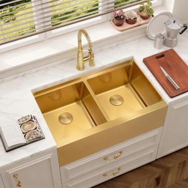 Imagem de Pia de fazenda embutida de 71 cm (28 polegadas), avental dourado, pias de cozinha, pia de estação de trabalho de tigela dupla profunda com acessórios abundantes (ouro, 71 x 56 cm)