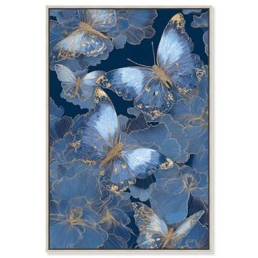 Imagem de Decoração de parede azul com impressão em tela Golden Wings II da Art Remedy, moldura prateada, 50 x 76 cm