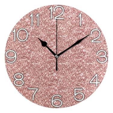 Imagem de GAIGEO Relógio de parede analógico decorativo redondo sem tique-taque silencioso relógio de sala de aula, decoração de parede moderna para sala de estar, textura ouro rosa, 25 cm, ponteiros pretos