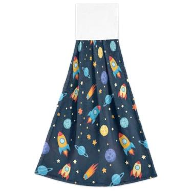Imagem de Toalhas de mão coloridas de desenho animado foguetes estrelas primavera com laço de pendurar absorvente macio forno toalha de dedo conjunto de 2, toalha de cozinha decorativa 18,2 x 14 polegadas