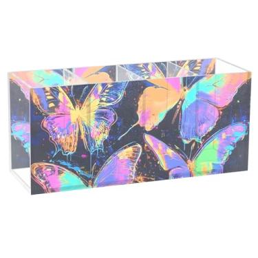 Imagem de TSENQUE Porta-canetas coloridas de borboletas neon coloridas de acrílico brilhante para mesa, organizador de papelaria, copos de escritório, material de escritório para mulheres