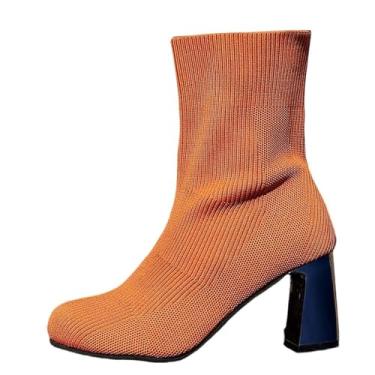 Imagem de Botas de inverno casuais modernas para mulheres com bico de malha elástica, salto grosso e design de salto médio, Marrom, 38