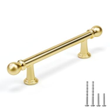 Imagem de YAGU Pacote com 6 puxadores de armário de cozinha de latão escovado de 76 mm (3 pol.) Orifício central de cetim dourado maciço puxadores de gaveta ferragens para armário guarda-roupa armário vaidade