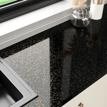 Imagem de Wallderful Papel de contato de granito preto e dourado de 30 x 198 cm, autoadesivo, descasque e cole bancadas de cozinha, papel de parede de mármore impermeável, envoltório de vinil para cozinha
