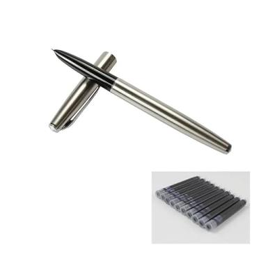 Imagem de AMSOH Caneta-tinteiro de aço prata com ponta extra fina de 0,38 mm, canetas de metal luxuosas, material escolar de escritório (caneta e tinta)