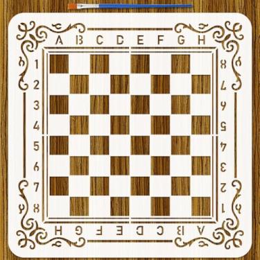 Imagem de FINGERINSPIRE Estêncil de pintura de disco de jogo com pincel de pintura 30 x 30 cm modelo de desenho de tabuleiro de xadrez reutilizável de plástico PET número alfabeto disco de xadrez modelo de tema