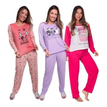 Imagem de 3 Pijamas Longo Feminino Malha Adulto Manga Comprida Inverno - Mi Amor