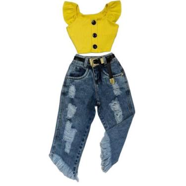 Imagem de Conjunto Infantil Blogueirinha Cropped Calça Jeans Moda Luxo - Mini Di