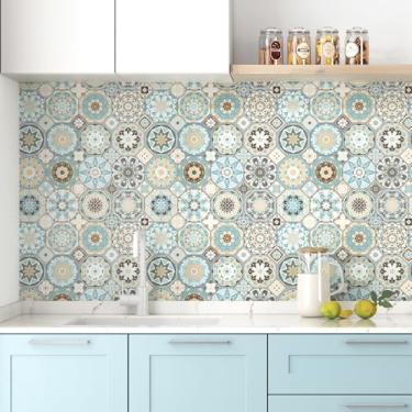 Imagem de Skyblur Papel de parede Boho mosaico azul geométrico papel de parede adesivo vintage backsplash para cozinha banheiro azulejo papel de contato removível rolos de vinil à prova d'água arte de parede