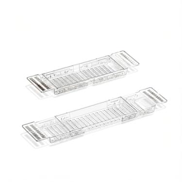 Imagem de Bandeja expansível para banheira, organizador de banheira de plástico PET transparente, prateleira de chuveiro de banheiro antiderrapante ajustável com design perfurado, estilo minimalista moderno