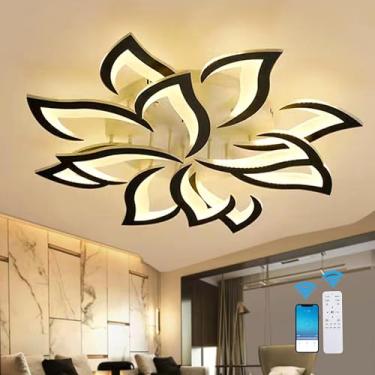 Imagem de Luminária de teto tricolor para sala de estar, com intensidade regulável, função de memória, controle remoto e aplicativo, lustre moderno em acrílico para quarto - Preto