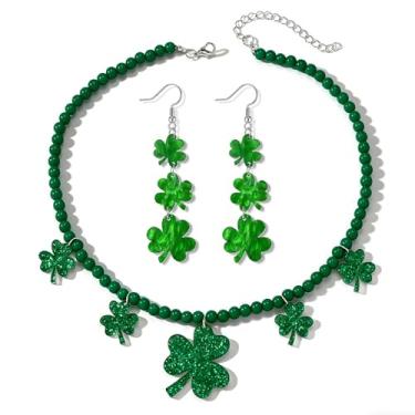 Imagem de Conjunto de colar e brincos de trevo do Dia de São Patrício, colar com pingente de trevo com contas verdes e brincos combinando, joias festivas de festa irlandesa para desfile, fantasia e celebração