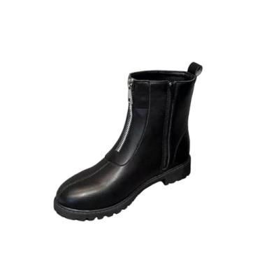 Imagem de Botas femininas com zíper frontal e sola grossa, salto baixo, casual, tamanho grande, moda confortável, Preto, 35