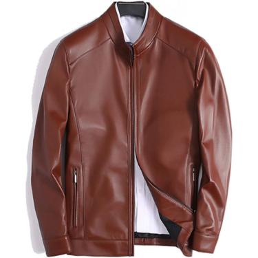 Imagem de Jaqueta De Couro Masculina Casual De Meia-idade Tamanho Grande Gola Alta Couro De Ovelha, champagne, 4XL