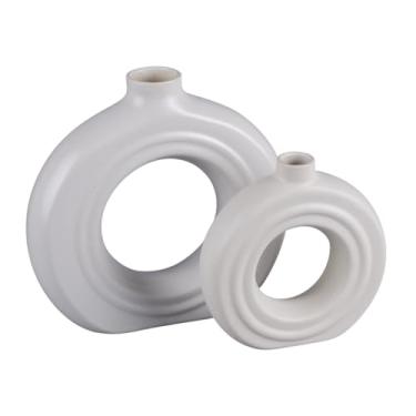 Imagem de Handicrafts Home Conjunto de 2 vasos de cerâmica – vasos decorativos brancos brilhantes para flores - Vasos minimalistas com padrão de tira de rosquinha para prateleira boho moderna, entrada, sala de