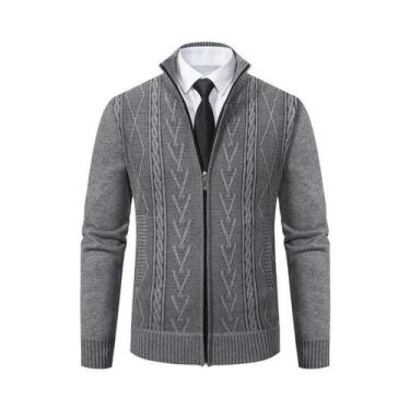 Imagem de Suéter Cardigan Masculino De Tricô Grosso, Quente, Com Gola Alta, Jaqu
