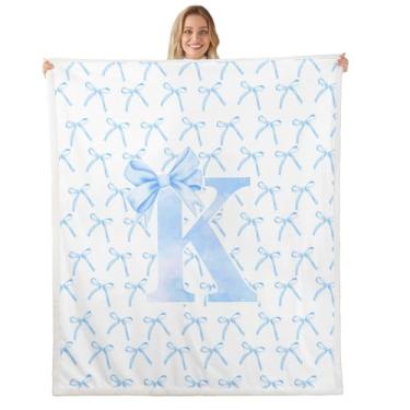 Imagem de Cobertor infantil com laço de desenho animado, gravata borboleta azul letra K nó princesa meninas mulheres cobertor de cama, aquarela laço patchwork azul branco felpudo cobertor, tamanho da manta (127