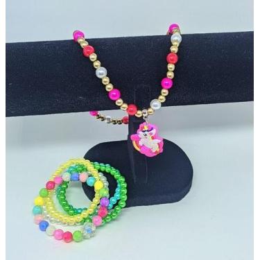 Imagem de Kit Conjunto Infantil Colar e Pulseiras Miçangas Coloridas Pingente Un