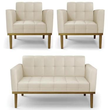 Imagem de Sofá Namoradeira E 2 Poltronas Base Madeira Castanho Ana Sintético Bege - Ibiza