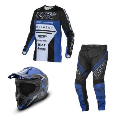 Imagem de Kit Motocross Adulto Pro Tork Brave Camisa + Calça + Capacete, Azul, M
