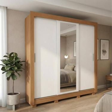 Imagem de Guarda Roupa Casal 3 Pts com Espelho e pés Atlas Amêndoa/Branco/Amêndoa