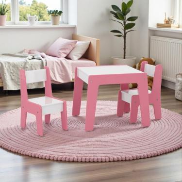 Imagem de Mesa Infantil com 2 Cadeiras MDF 50cm Branco e Rosa de Casa